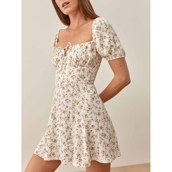 Reformation Dresses & Skirts - Reformation Corbin Milkmaid Puff Sleeve Floral Dress Cream & Pink Sz 6 Coquette